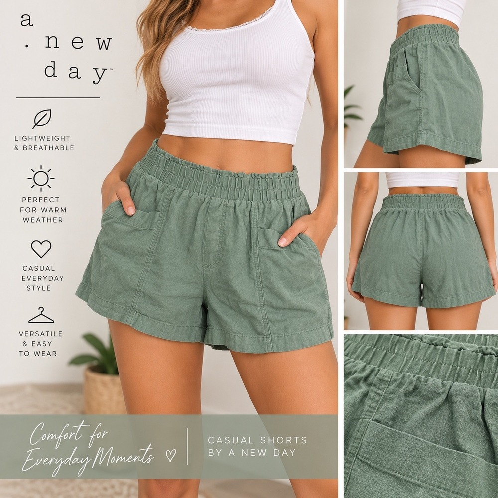 A New Day Womens Large Sage Green Elastic Waist Casual Patch Pocket Shorts L